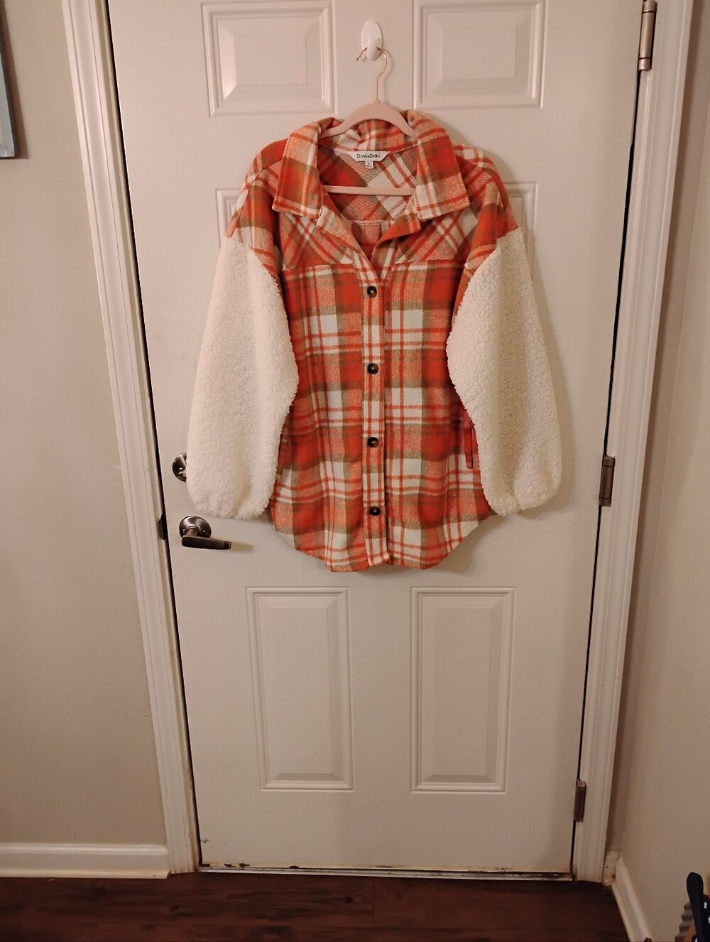 Davi And Domi Orange Plaid Button-Down with Cream Sherpa Sleeves